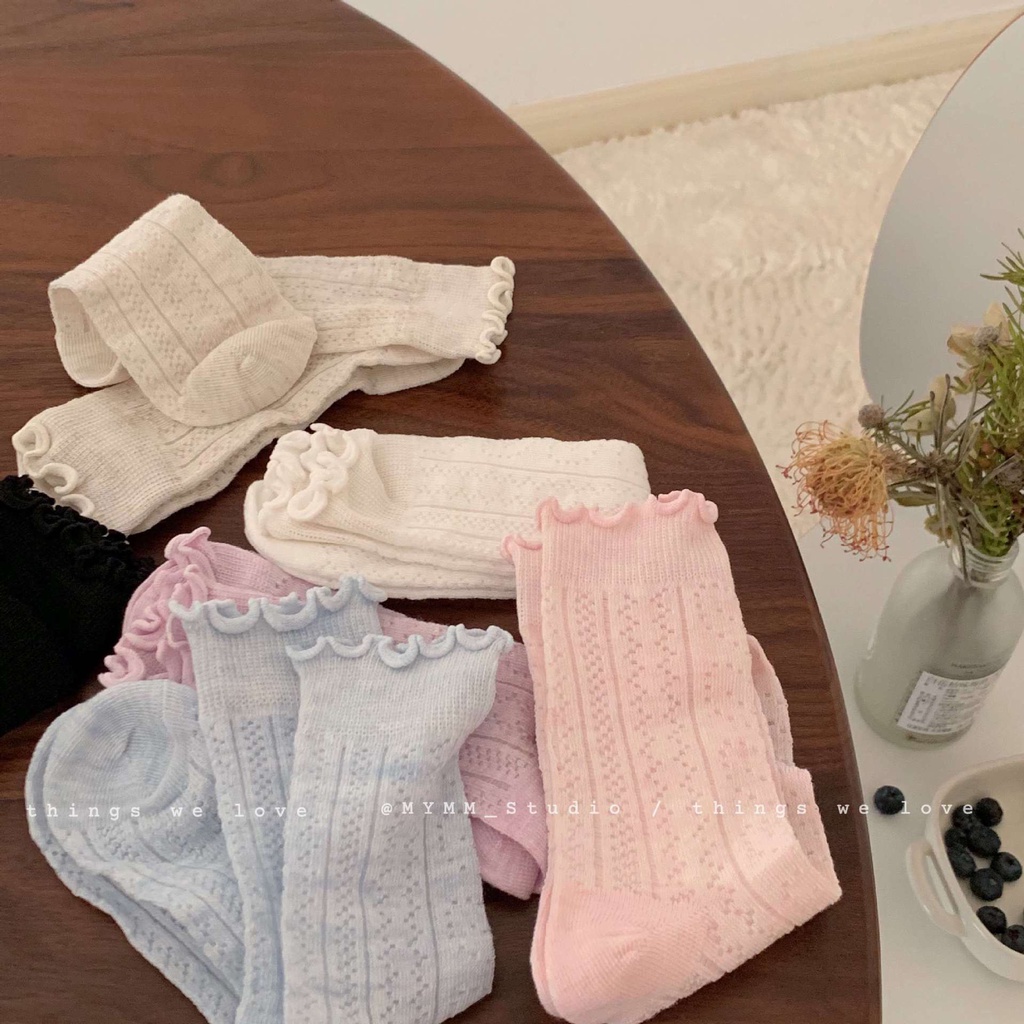 Vớ Rỗng Cổ Vừa Màu Hồng Nhạt Họa Tiết Trái Tim Rỗng Viền Nấm Nhật Bản Ngọt Ngào Cho Nữ jk