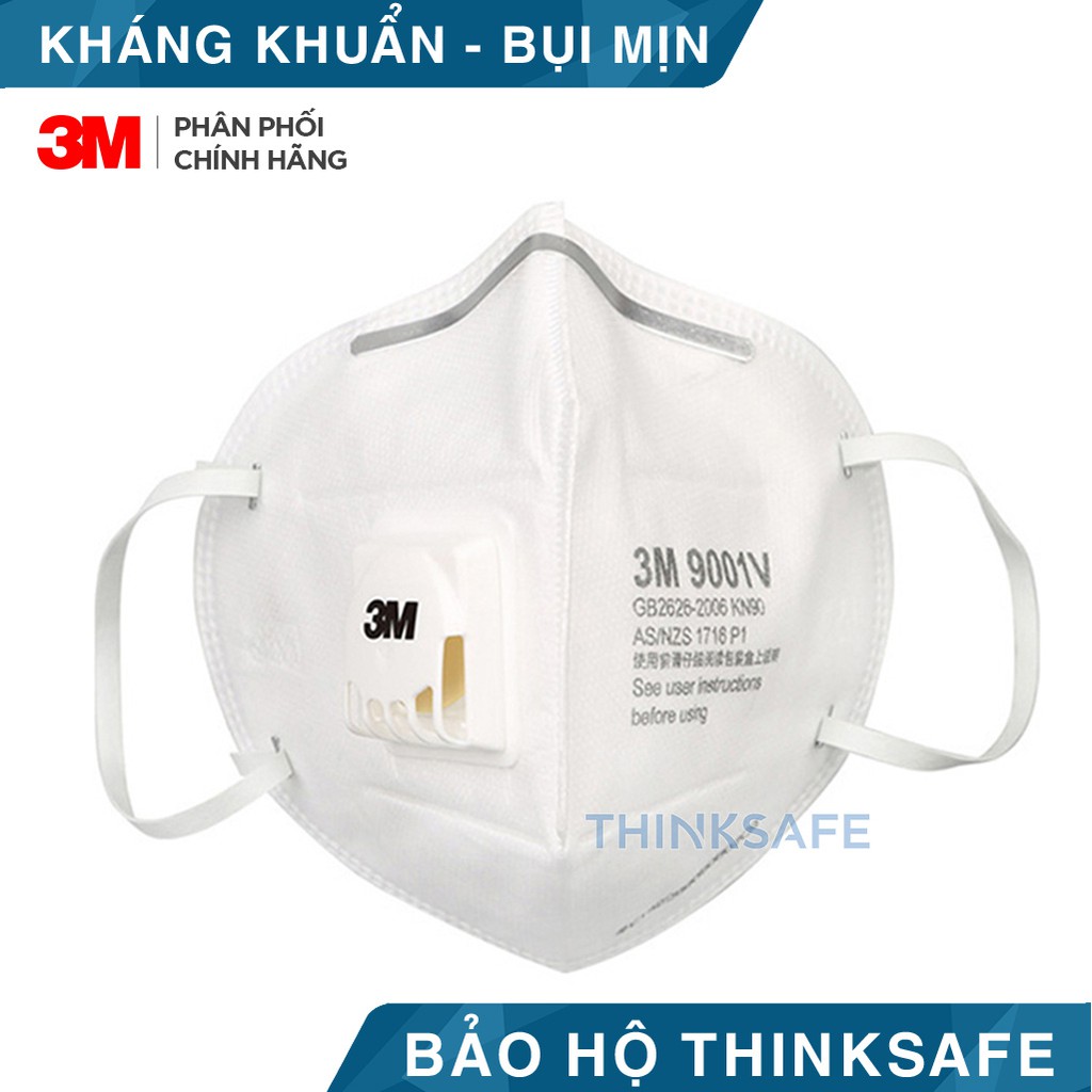 Khẩu trang 3d 9001v, có van thở, đẹp, vải kháng khuẩn, bụi mịn, hàn quốc, màu trắng 4d, dùng cho y tế, 3m chính hãng