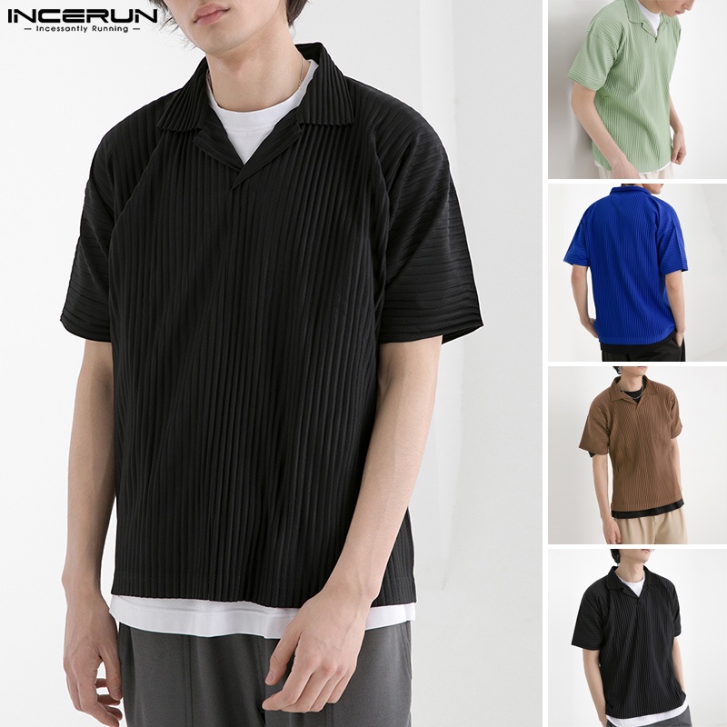 Áo thun polo INCERUN ngắn tay màu trơn họa tiết kẻ sọc thời trang mùa hè cho nam