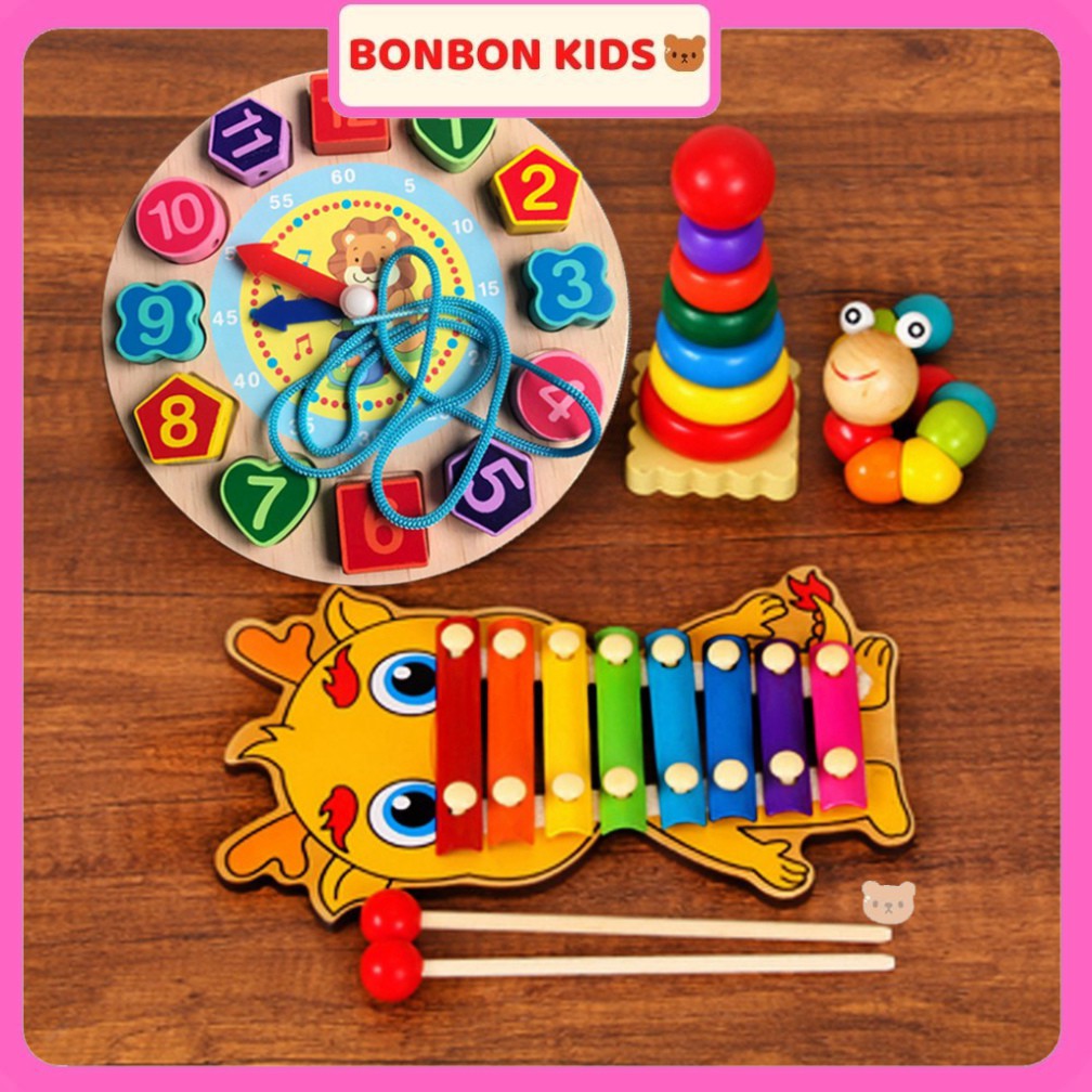 Combo 4 món: 1 Đàn gỗ Xylophone hình thú; 1 Đồng hồ gỗ; 1 Sâu gỗ; 1 Tháp xếp cầu vồng  BONBON KIDS