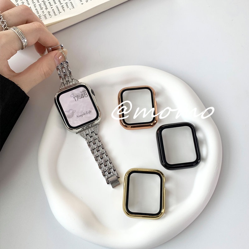 Ốp Bảo Vệ Mặt Đồng Hồ Thông Minh Bằng PC Cứng Kèm Kính Cường Lực Cho Apple Watch Series 7 6 SE 5 4 45mm 41mm 44mm 42mm 40mm 38mm