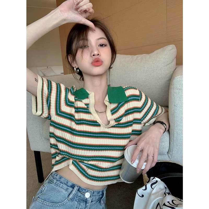 Áo Lửng Dệt Kim Cổ polo Họa Tiết Kẻ Sọc Phong Cách Retro