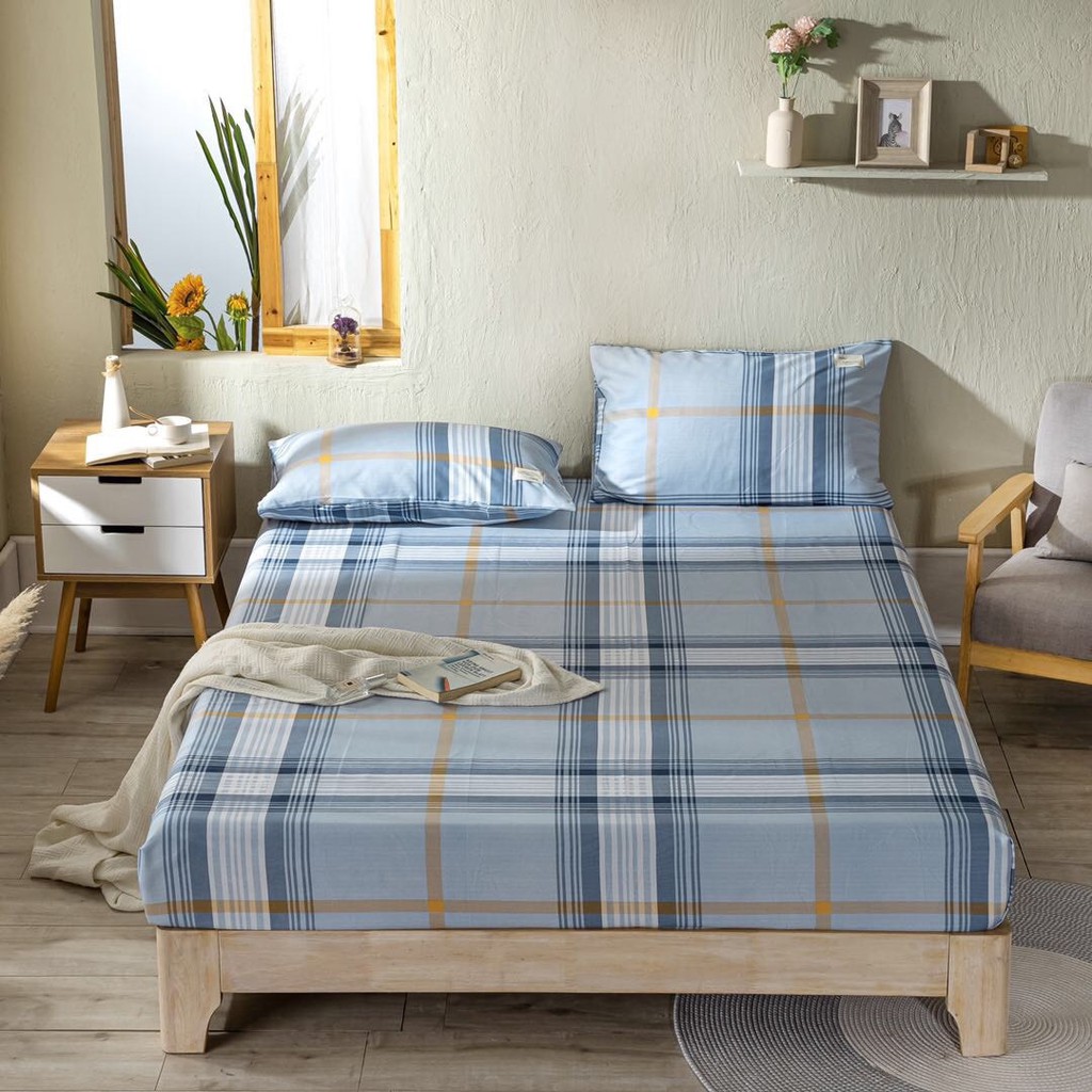 BỘ GA GỐI 3 MÓN COTTON TICI  - KẺ XANH