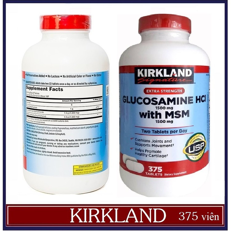 [Date-09/2022] Viên Uống Bổ Khớp Glucosamine HCL 1500mg và MSM 1500mg Kirkland Mỹ [Hộp 375 viên]