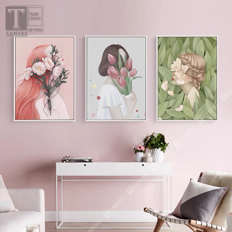 (Giá Xưởng) Tranh canvas treo tường phòng khách, tranh nghệ thuật Cô gái che mặt và hoa CGCM84-86 (không kèm khung)