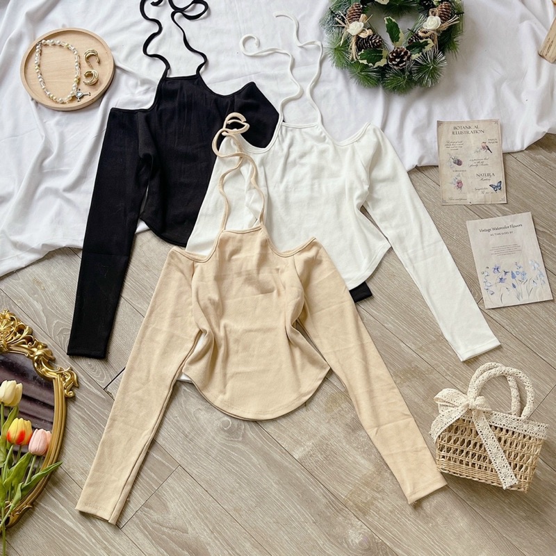 Áo croptop dài tay cổ yếm khoét vai ôm body, cơ bản FIORI STORE 277