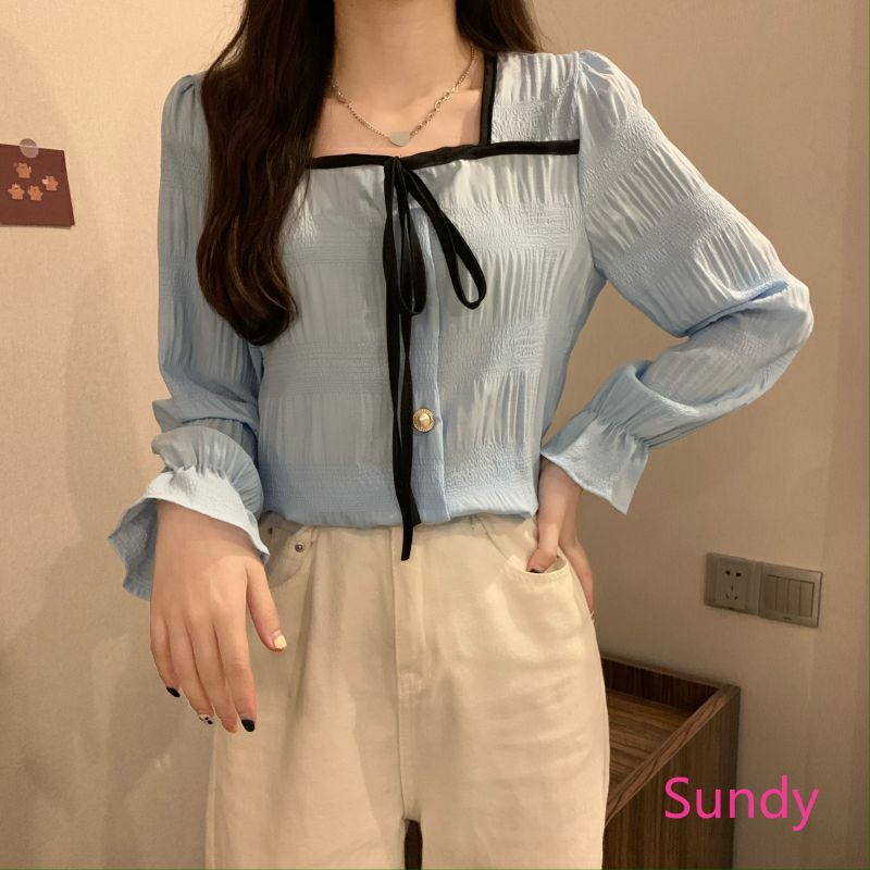 Áo sơ mi voan tay dài cổ vuông thắt nơ thanh lịch thời trang công sở cho nữ