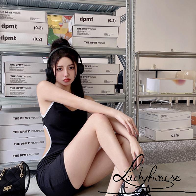 Ldd-đầm Hai Dây Spaghetti Khoét Rỗng Màu Tương Phản Mùa Hè Màu Hồng / Đen Cho Nữ