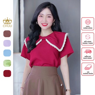 Áo sơ mi nữ tay ngắn vạt nhọn viền ren xinh xắn CHUU A8113