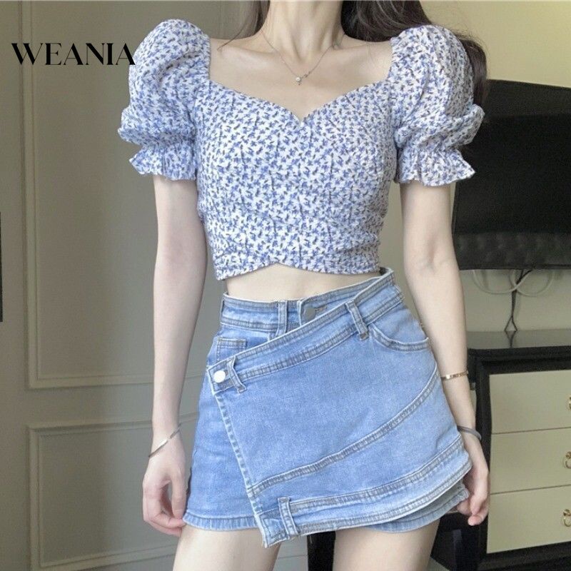 Áo Croptop Cổ Vuông Tay Phồng In Hoa Xinh Xắn Cho Nữ