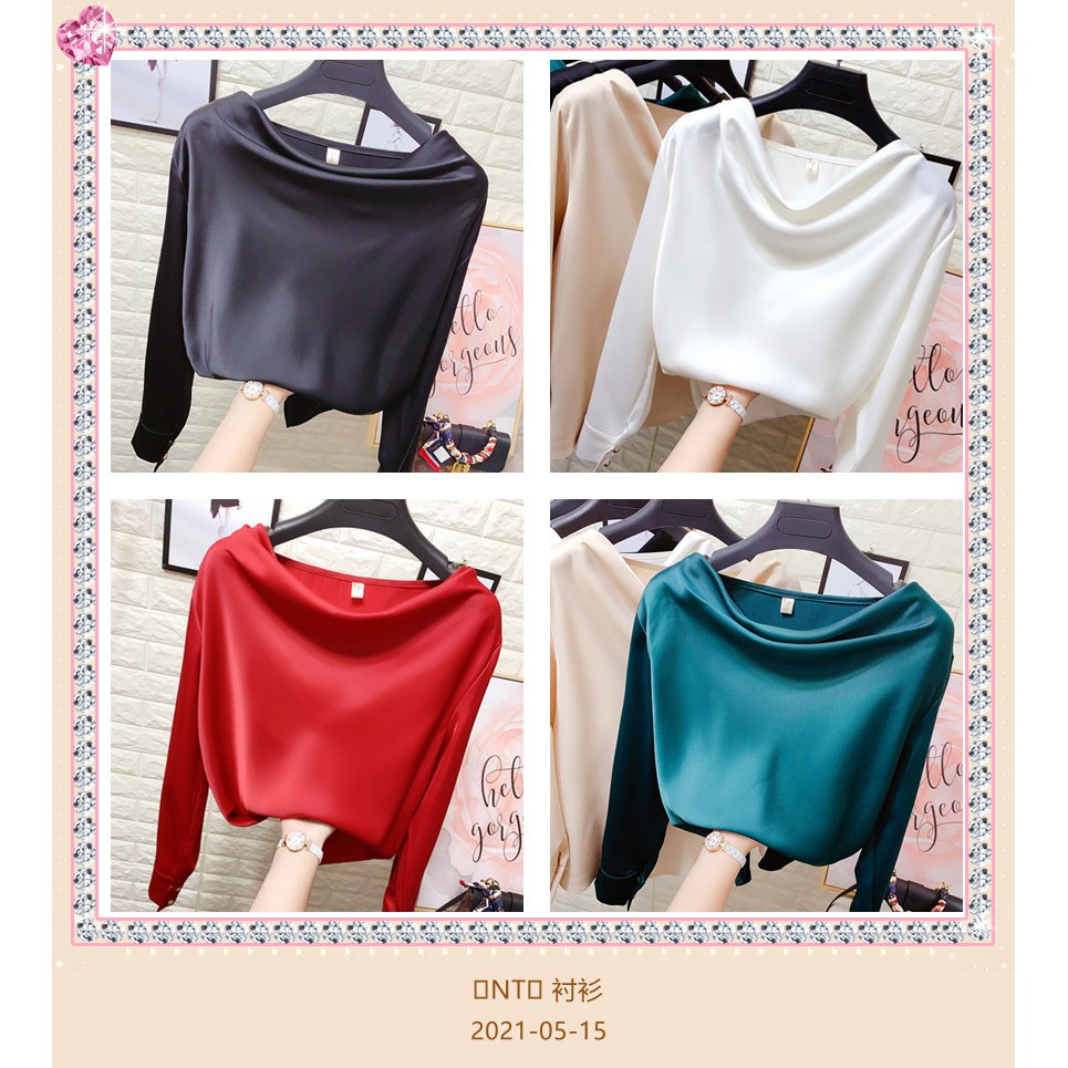 sIQG HMChiffon Blouse Boat-Neck Silk Satin Sense of Design Light Ripe Exposed Collarbone Women's New Long-Sleeve Shirt OL Top Áo Voan Cổ Thuyền Lụa Satin Thiết Kế Nhẹ Nhàng Cổ Đứng Hở Áo Sơ Mi Nữ Dài Tay Mẫu MớiOLÁo Sơ Mi