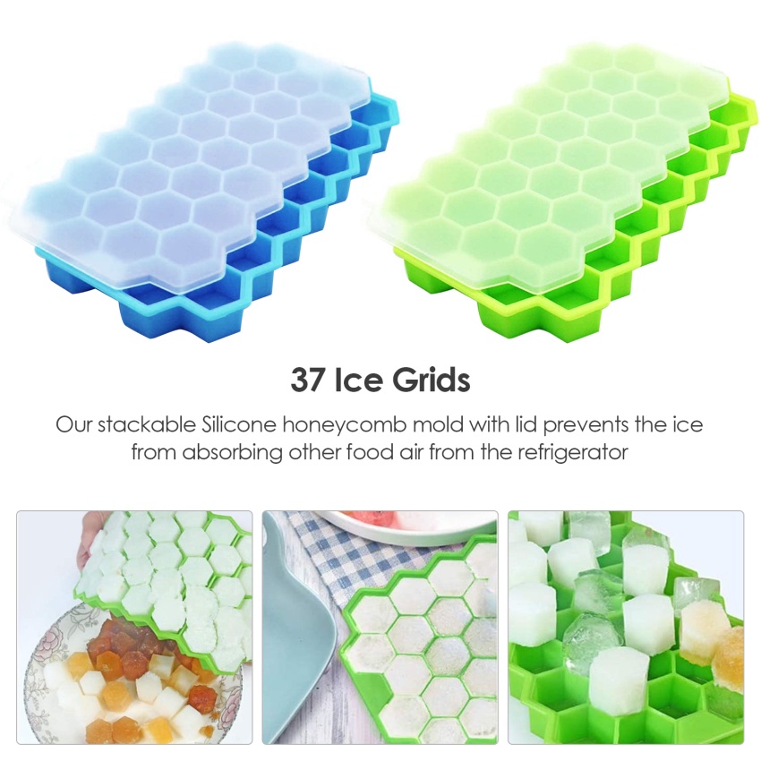 Khay Silicone Làm Đá Viên Tiện Lợi &amp;amp; Khay Làm Đá 37-Ice Có Nắp Tháo Rời Được Hình Tổ Ong Cho Cocktail / Đồ Uống / Đông Lạnh