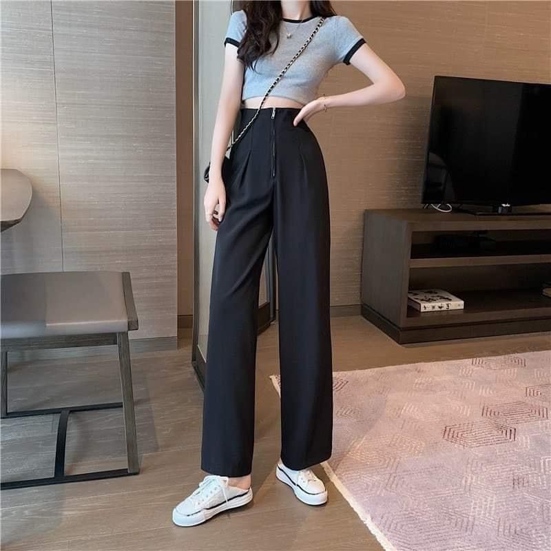 Quần Culothes Cạp Cao Ống rộng khoá thép liền trước -Ống rộng-mã Quần Dài Khoá Thép
