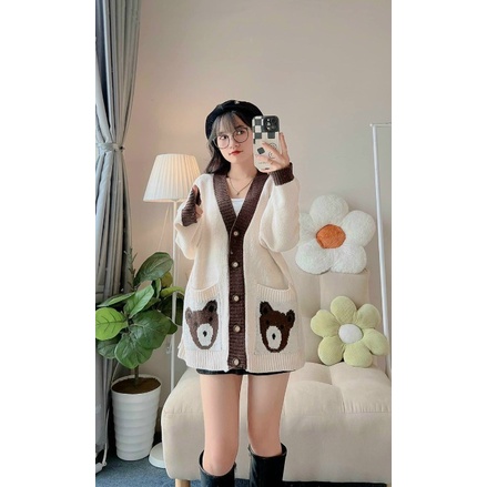 Áo khoác cadigan len gấu nâu dày có túi phong cách Ulzzang Hàn Quốc