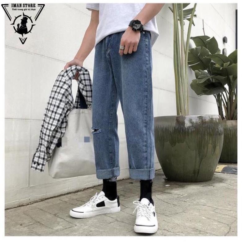 Quần bò jean baggy nam rách 1 gối hot boy hàn quốc 2022