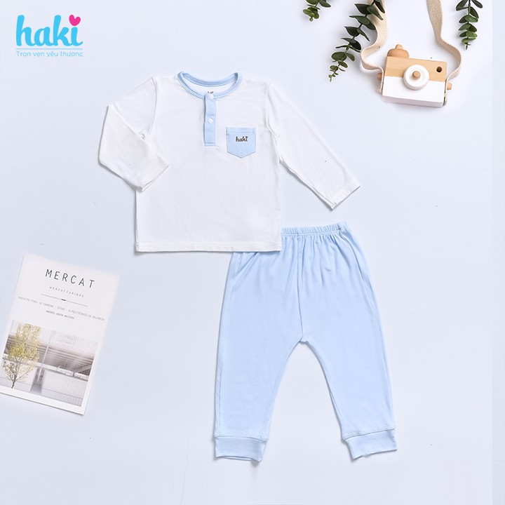  HAKI- Bộ quần áo cổ trụ phối màu cho bé Haki, set dài tay vải Bamboo cao cấp BB039