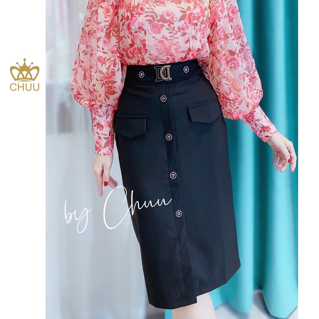 Chân váy bút chì công sở nữ kiểu viền nút, đai chữ DD CHUU CV6134 | BigBuy360 - bigbuy360.vn