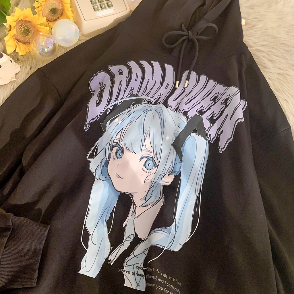 Áo hoodie tay dài dáng rộng in họa tiết anime phong cách Nhật Bản cho nữ