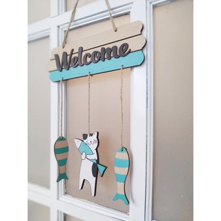 Bảng gỗ WELCOME mèo ôm cá