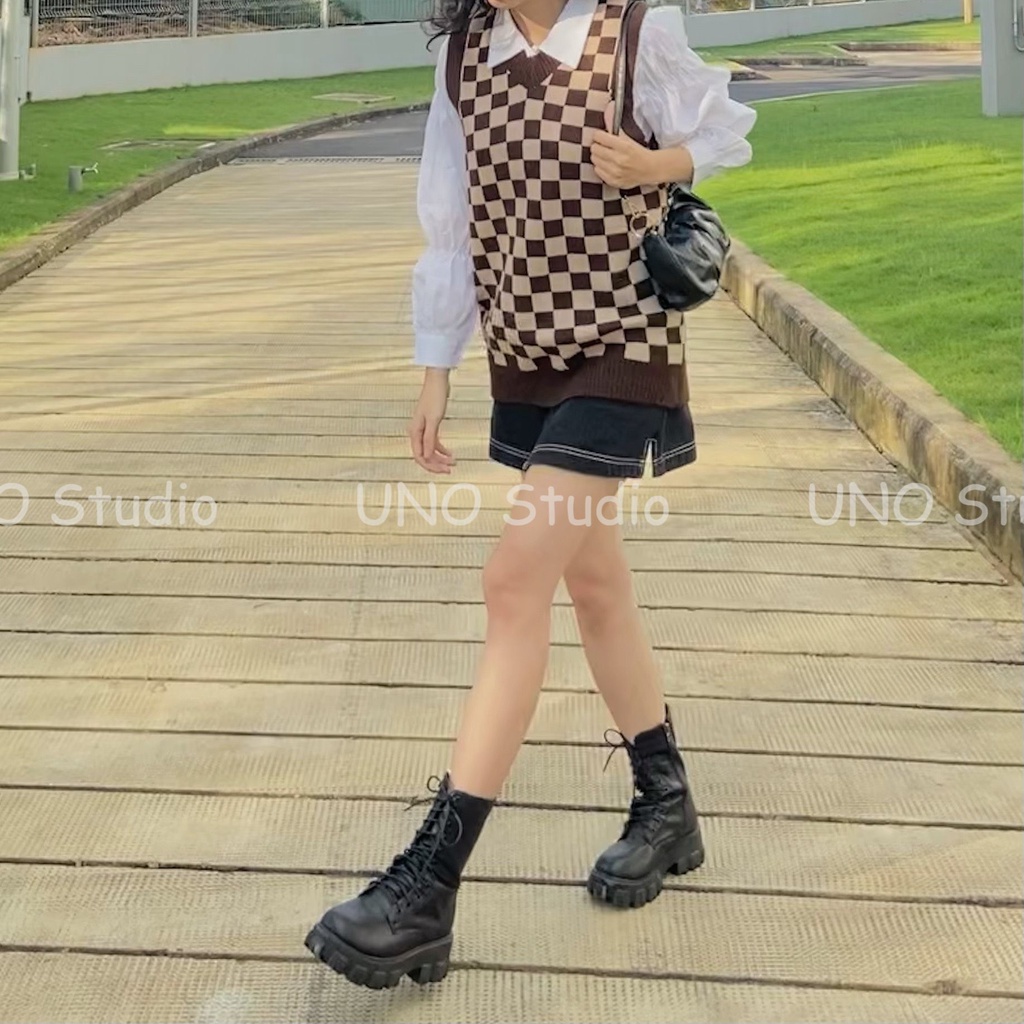 Áo gile len hoạ tiết caro đủ màu phong cách Hàn Quốc