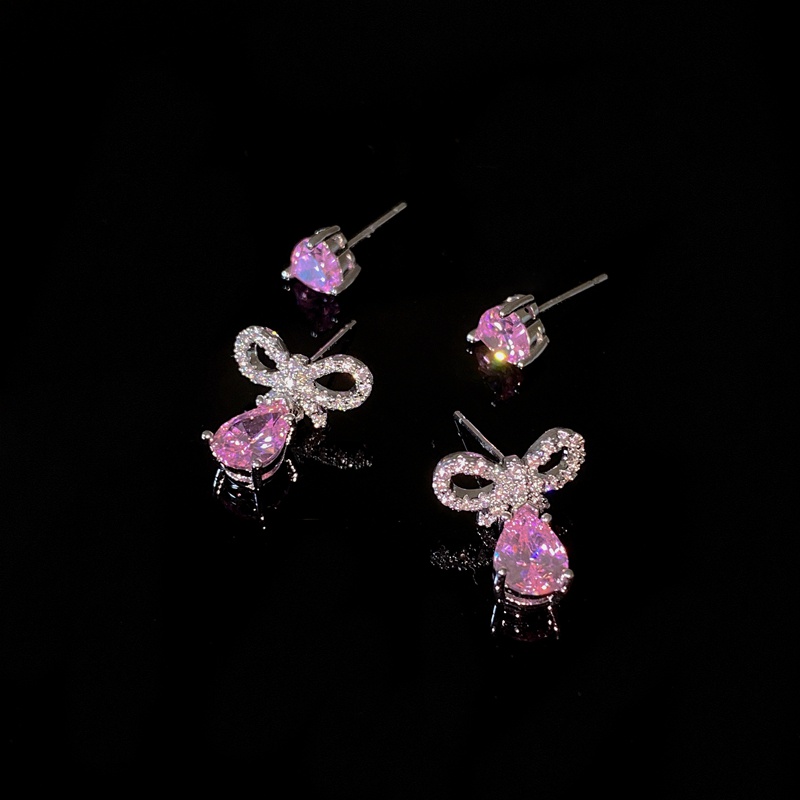 Đôi Bông Tai Nơ Trái Tim Đá Quý Màu Hồng Phong Cách Hàn Quốc Dành Cho Nữ