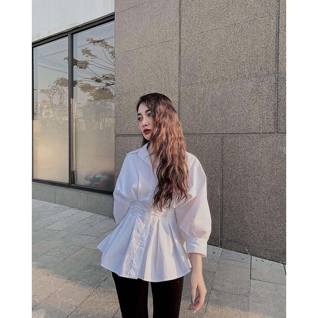 ÁO SƠMI THÔ XẾP LI EO TAY BỒNG TIỂU THƯ/ÁO SƠMI THÔ DÁNG PEPLUM XINH XẮN