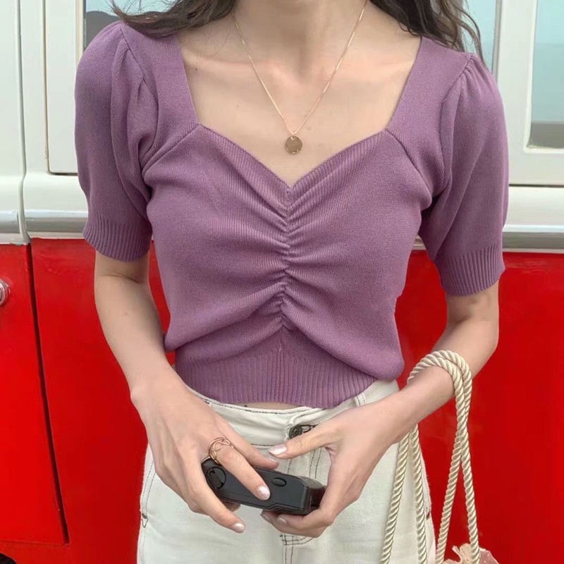 Áo dệt kim cổ V nhún ngực