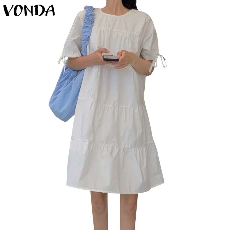Đầm lửng VONDA tay ngắn cổ tròn xếp ly màu trơn phong cách Hàn Quốc dành cho nữ