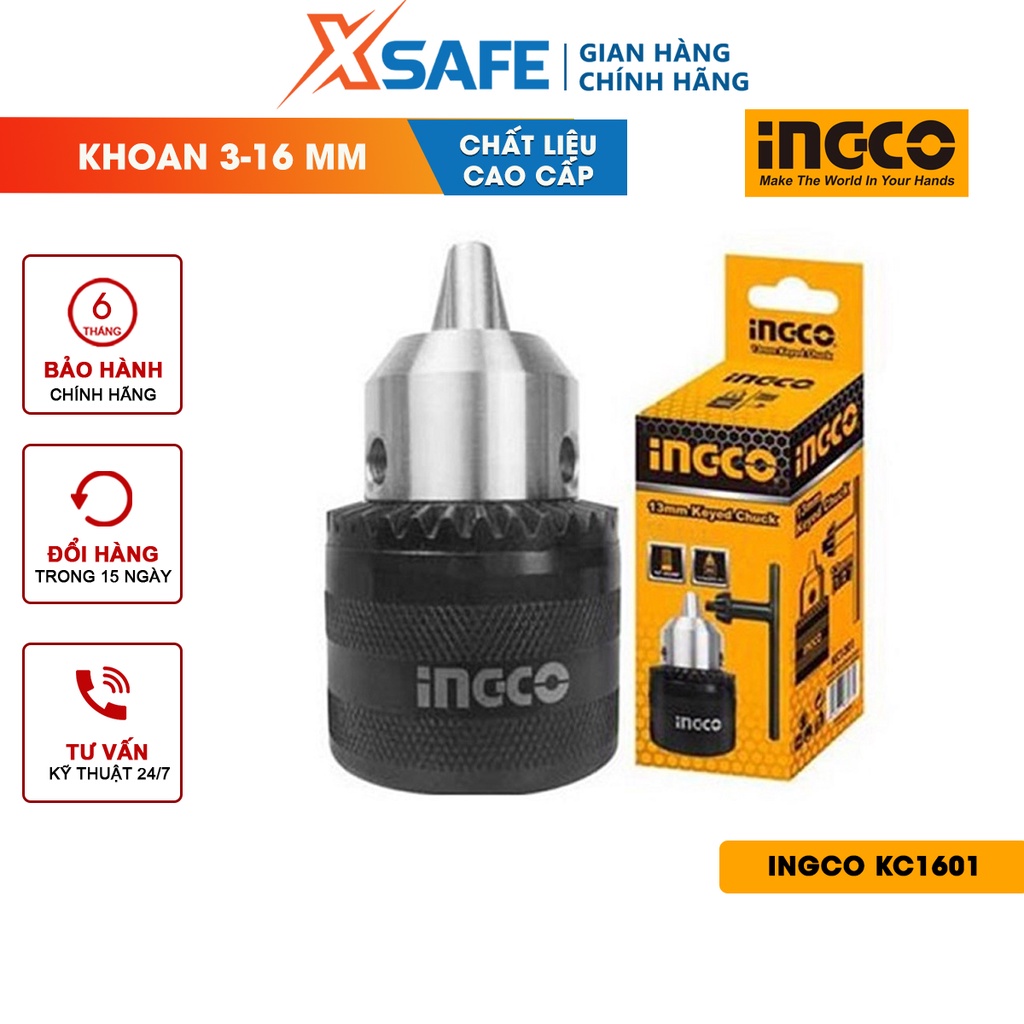 Đầu khoan INGCO KC1601 khả năng khoan 3-16mm, kích thước kết nối 1/2&quot;, kèm 1 khóa vặn - chính hãng