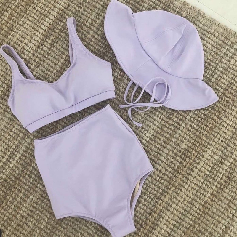 [BKN946] &lt;HÀN&gt; SET BIKINI 3 MÓN KÈM MŨ VÀNH TÍM LILAC KIỂU HÀN (CẠP CAO)