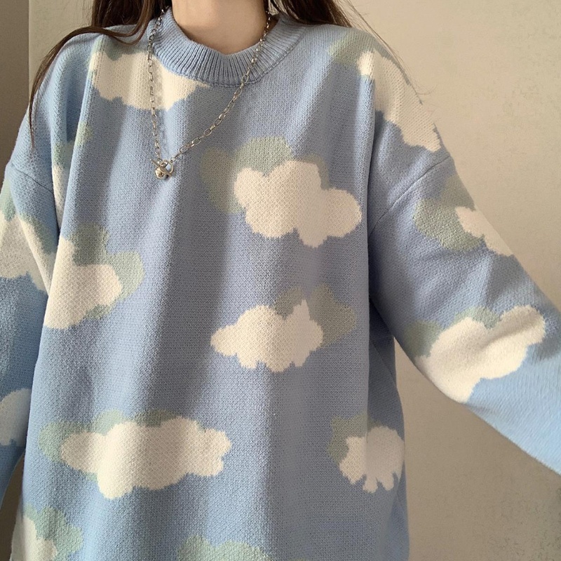 Xiangbao Áo Sweater Dệt Kim Tay Dài Dáng Rộng In Hình Đám Mây Phong Cách Harajuku Cho Nữ Thanh Thiếu Niên