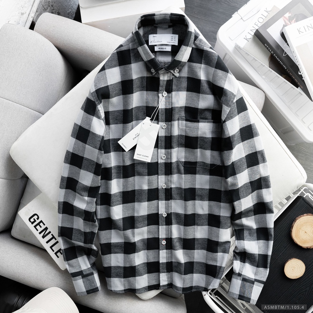 Áo Sơ Mi Caro Nam Flannel Bentino Form Rộng Chất Vải Dạ Mỏng Dài Tay Kiểu Dáng Basic
