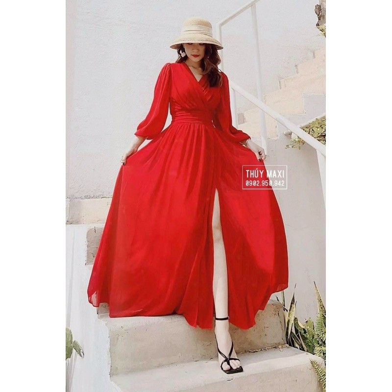 Đầm maxi voan tay dài xẻ tà đi biển du lịch (Có ảnh thật) | BigBuy360 - bigbuy360.vn