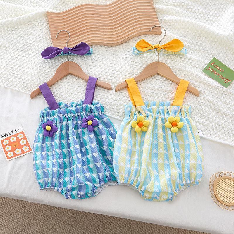 Áo liền quần BCBL hai dây họa tiết kẻ sọc trang trí bông hoa có băng đô thời trang mùa hè xinh xắn cho bé gái 3-6 tuổi