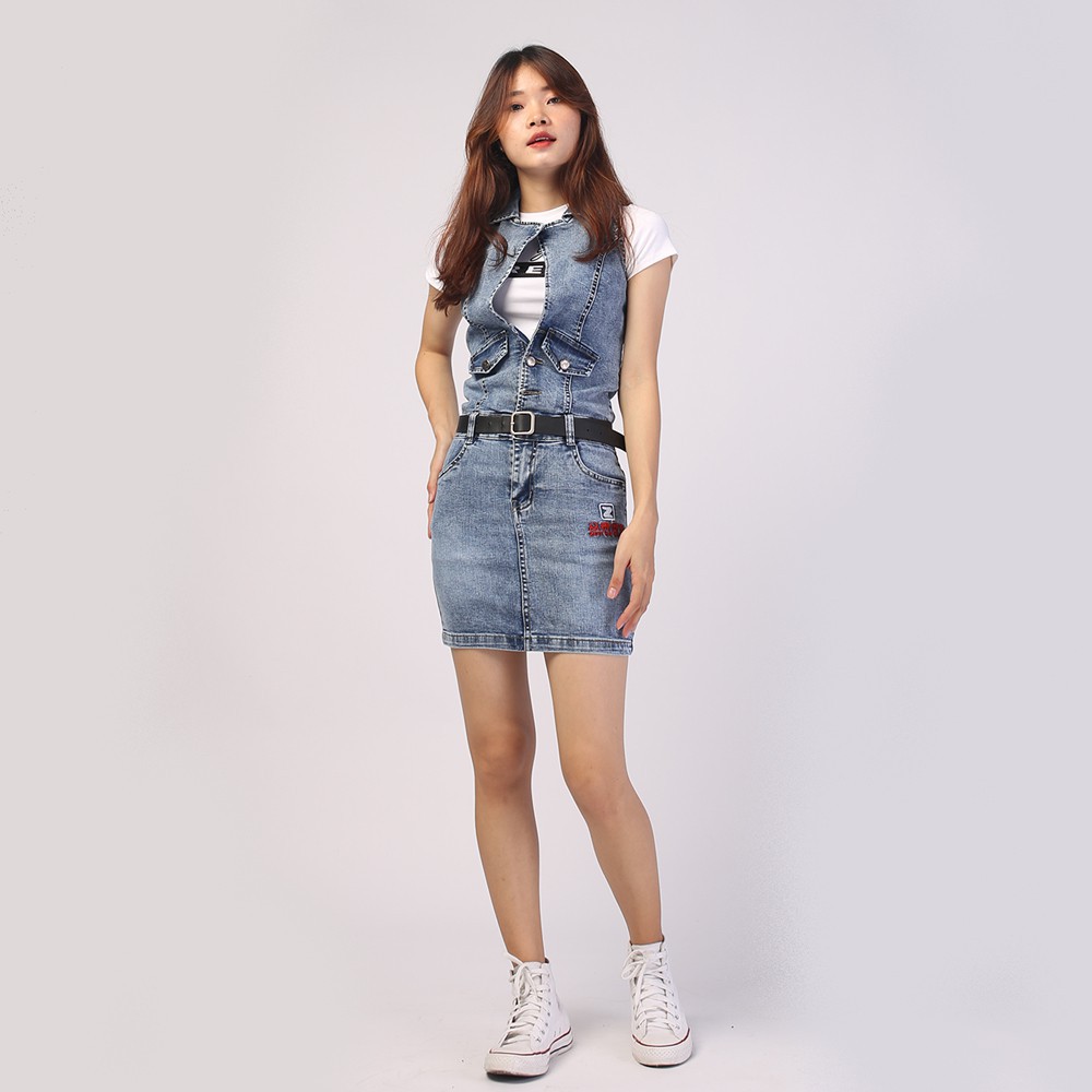 Chân váy liền áo jean HANOIJEAN co giãn - Chân váy ngắn màu xanh nhạt chân váy bò VAY004 | BigBuy360 - bigbuy360.vn