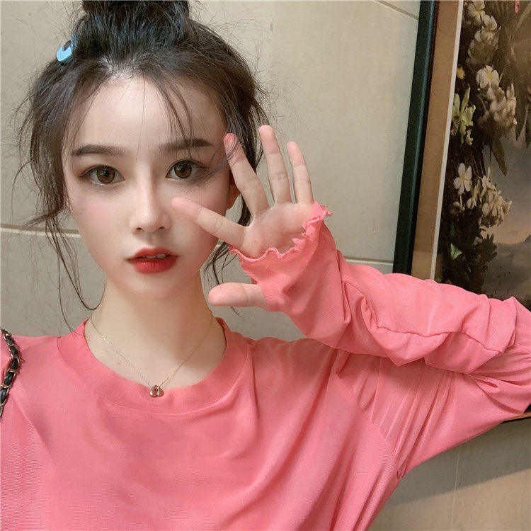 Áo lưới ren mỏng tay dài cổ thấp thời trang nhiều màu cho nữ MS11
