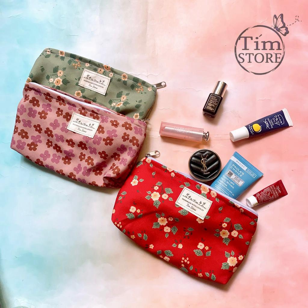 Túi vải hoa vintage đựng mỹ phẩm trang điểm cá nhân bút viết TÍM STORE I
