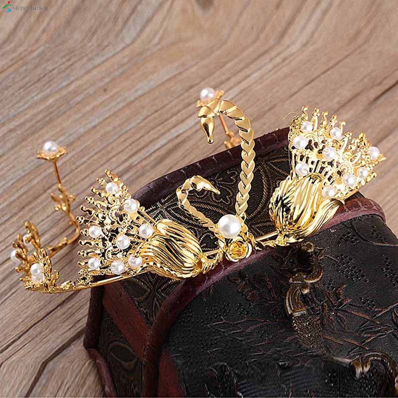 Vintage Bride Crown Women Swan Beads Decor Headdress Shining Princess Wedding Crown