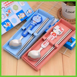 Set đũa thìa inox cho bé trai bé gái, hình ngộ nghĩnh - AD33