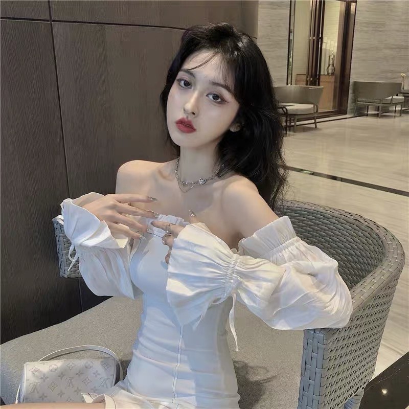 SẴN HÀNG🖤Váy trắng tiểu thư ôm body trễ vai xẻ đùi tay dài loe thắt nơ/ Đầm kiểu ulzzang dự tiệc tay tơ sexy Hàn Quốc | BigBuy360 - bigbuy360.vn