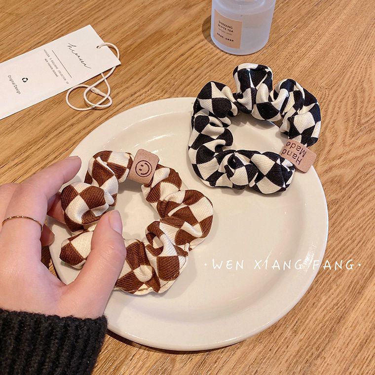 Dây Buộc Tóc Họa Tiết Caro Trắng Đen Mặt Cười Thời Trang Phong Cách Hàn Quốc