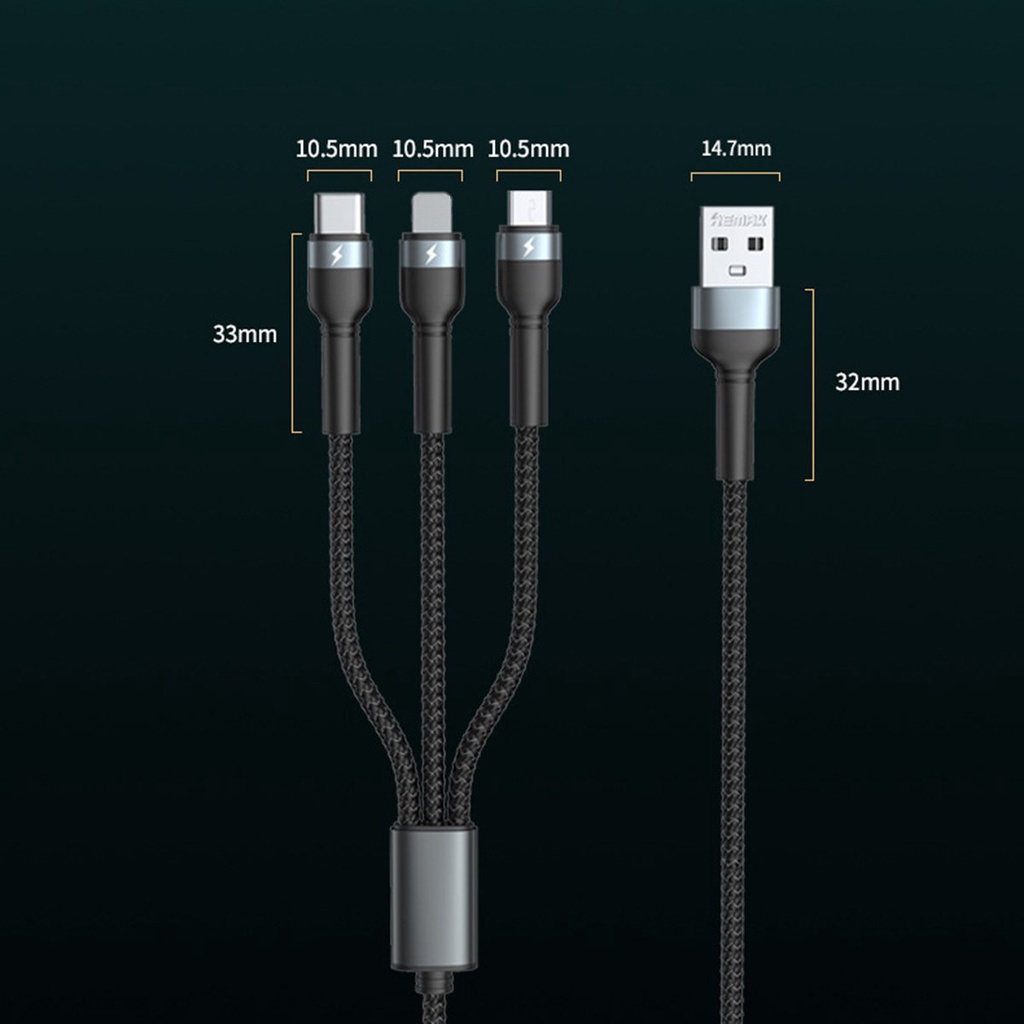 Cáp Sạc Điện Thoại Đa Năng 3 Đầu Sạc Remax RC-124th Tích Hợp 3 Cổng Táo/Type C/MicroUSB Dòng Max 3.1A Chống Đứt Gãy