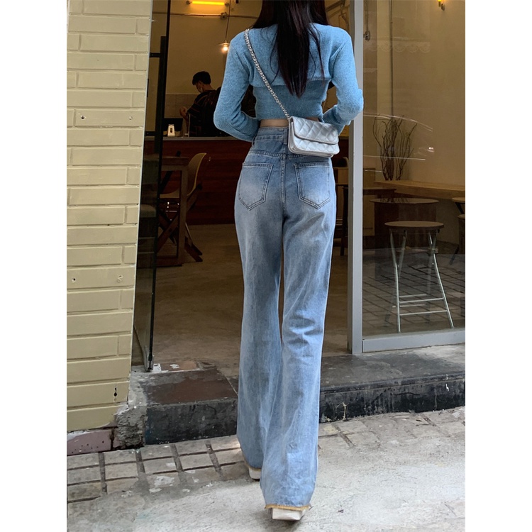 「MOTEL7」 Quần Jean Ống Loe Tua Rua Ôm Dáng Vừa Vặn Phong Cách Hong Kong Cổ Điển Cho Nữ