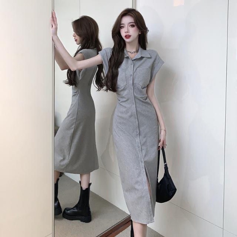 Đầm Không Tay Cổ Bẻ Xếp Ly Cài Hai Hàng Nút Thời Trang Mùa Hè Hàng Mới 2022