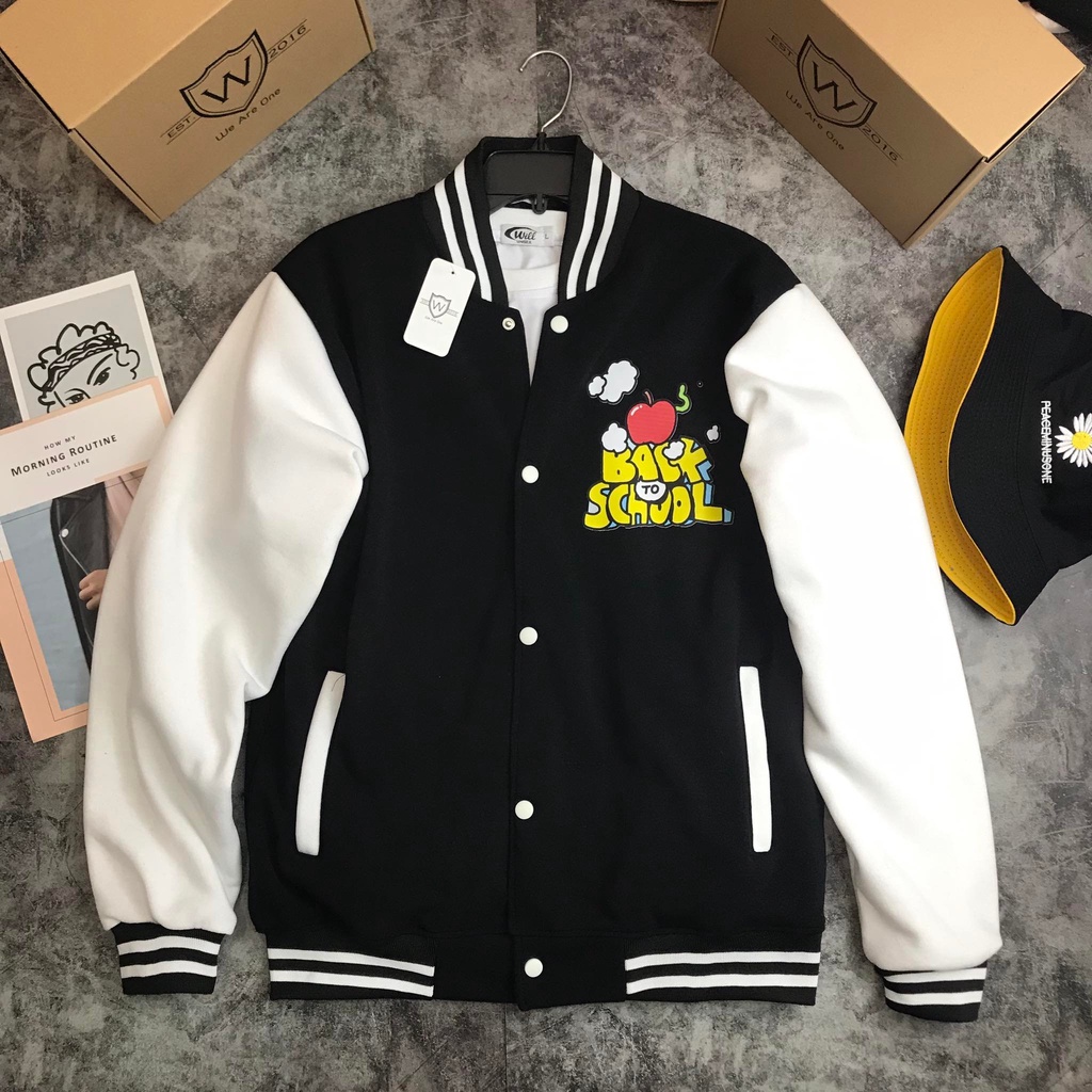 Khoác Bomber BACK TO SCHOOL ĐEN - phong cách ẢNH THẬT nam nữ WILL SHOP chất nỉ bông