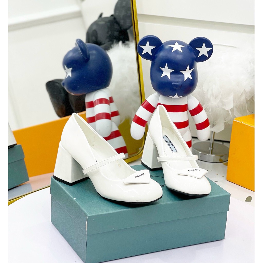 Giầy Mũi Tròn Gót Trụ Da Bóng Hai Màu đen trắng MM fullbox