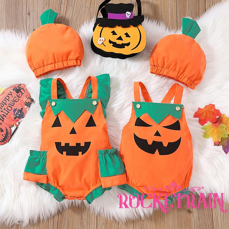 Bộ Áo Liền Quần Cổ Vuông In Họa Tiết Bí Ngô + Nón Thời Trang Cho Bé Trai Và Gái 0-24 Tháng Tuổi