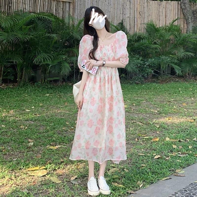 [MURIOKI] Đầm Hồng Trễ Vai In Họa Tiết Hoa Phong Cách Pháp Thời Trang Mới 2022 Cho Nữ