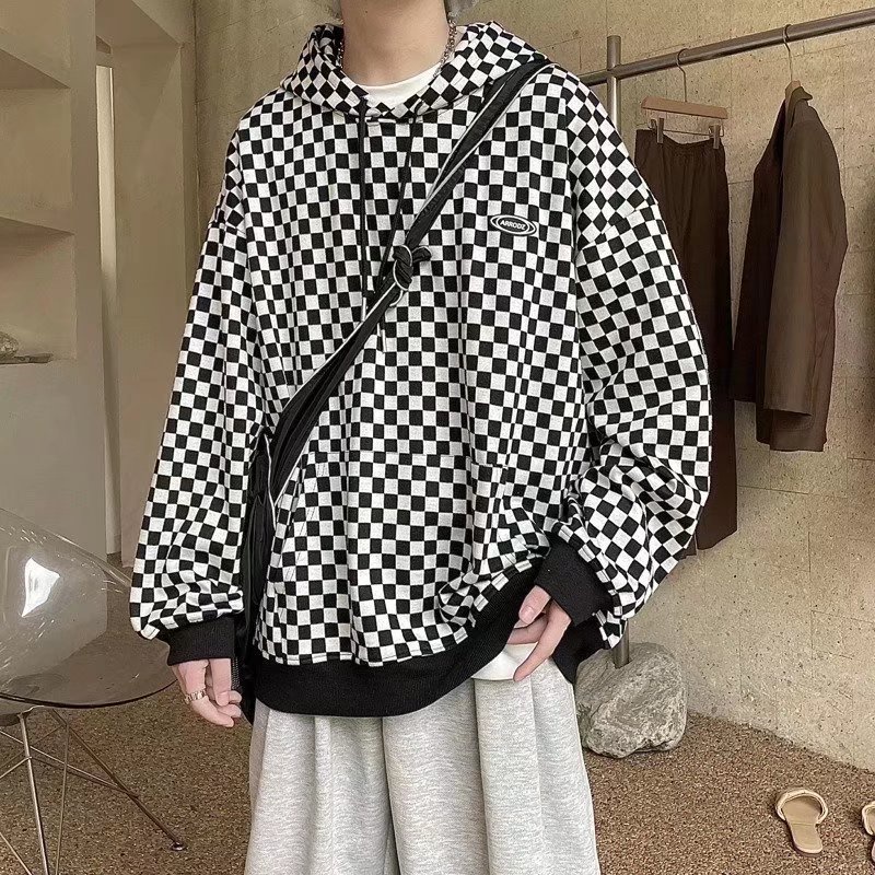 Áo sweater nỉ mũ trùm cổ tròn dáng rộng in sọc caro thời trang Mỹ cổ điển cho nam nữ
