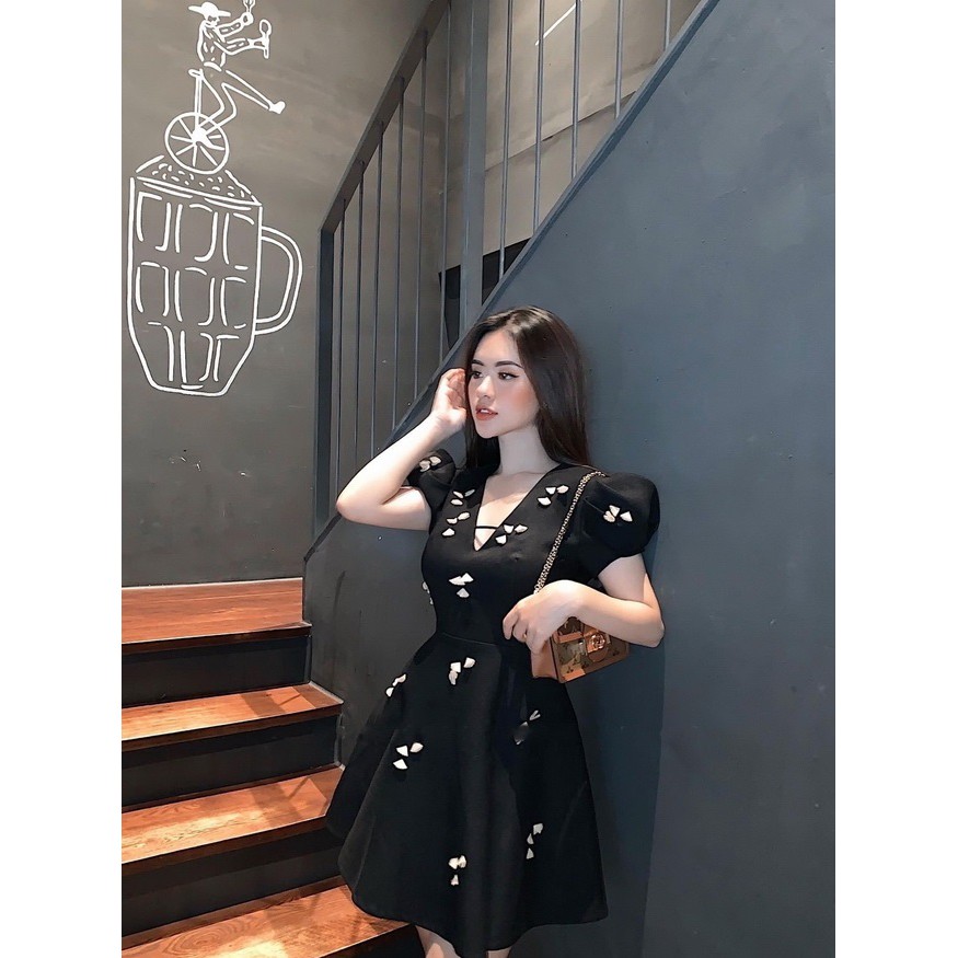 Đầm xòe thiết kế dự tiệc tay phồng họa tiết nổi cao cấp và sang trọng